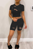 Black Fashion Casual Solid Ripped O Neck Short Sleeve Two Pieces