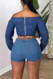 Medium Blue Fashion Casual Solid Ripped High Waist Regular Jeans