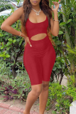Burgundy Sexy Casual Solid Hollowed Out U Neck Skinny Romper