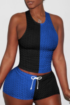 Blue Black Casual Sportswear Patchwork Basic O Neck Sleeveless Two Pieces