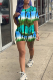 Blue Fashion Casual Tie Dye Printing O Neck Short Sleeve Two Pieces