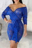 Blue Sexy Solid Mesh V Neck Skinny Rompers