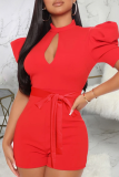 Red Casual Solid Patchwork Half A Turtleneck Skinny Rompers