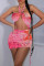 Pink Fashion Sexy Print Hollowed Out Backless Strapless Sleeveless Dress
