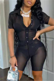 Black Fashion Sexy Solid See-through Turndown Collar Short Sleeve Two Pieces