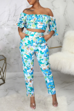 Blue Sexy Print Patchwork Off the Shoulder Half Sleeve Two Pieces