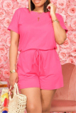 Pink Fashion Casual Solid Basic O Neck Regular Short Sleeve Romper