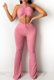 Pink Sexy Casual Solid Draw String Halter Sleeveless Two Pieces