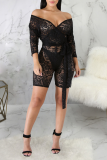 Black Sexy Solid Mesh V Neck Skinny Rompers