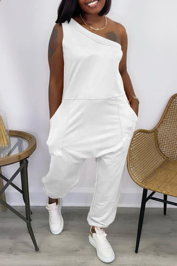 White Casual Solid Backless One Shoulder Sleeveless Regular Jumpsuits