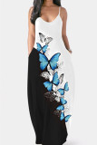 White Sexy Casual Butterfly Print Backless Spaghetti Strap Sleeveless Dress