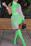 Fluorescent Green Fashion Sexy Patchwork See-through Turtleneck Long Sleeve Dresses