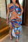 Blue Fashion Sexy Print Hollowed Out Backless Slit Halter Sleeveless Dress