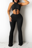 Black Sexy Casual Solid Draw String Halter Sleeveless Two Pieces