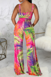 Multicolor Sexy Print Patchwork Spaghetti Strap Straight Jumpsuits