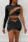 Black Fashion Sexy Patchwork Hollowed Out See-through O Neck Long Sleeve Two Pieces