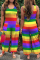 Rainbow Color Fashion Casual Striped Print Basic U Neck Regular Jumpsuits