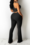 Black Sexy Casual Solid Draw String Halter Sleeveless Two Pieces