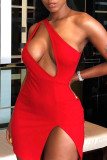 Red Fashion Sexy Solid Hollowed Out Backless One Shoulder Sleeveless Dress