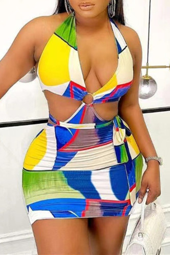 Multicolor Fashion Sexy Print Backless Halter Sleeveless Dress