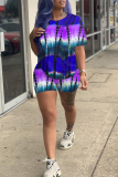 Blue Fashion Casual Tie Dye Printing O Neck Short Sleeve Two Pieces