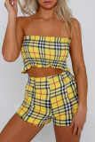 Yellow Sexy Casual Plaid Print Backless Strapless Sleeveless Two Pieces