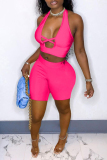 Pink Fashion Sexy Solid Hollowed Out Backless Halter Sleeveless Two Pieces