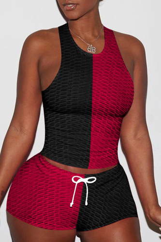Black Red Casual Sportswear Patchwork Basic O Neck Sleeveless Two Pieces