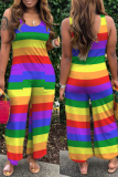 Rainbow Color Fashion Casual Striped Print Basic U Neck Regular Jumpsuits