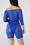 Blue Sexy Solid Mesh V Neck Skinny Rompers