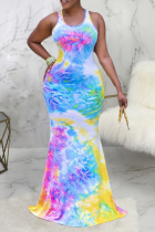 Multicolor Sexy Patchwork Tie-dye U Neck Trumpet Mermaid Dresses