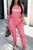 Rose Red Fashion Letter Printed T-shirt Trouser Set