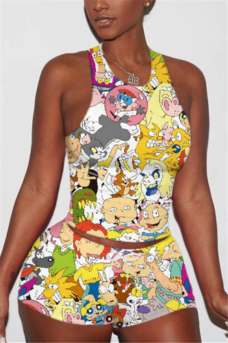 Colorful Fashion Cartoon Printed Vest Shorts Set