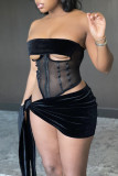 Blue Fashion Sexy Patchwork Solid Hollowed Out See-through Strapless Sleeveless Two Pieces