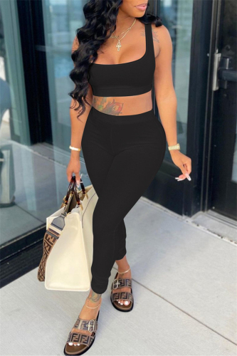 Black Casual Sportswear Solid Backless Boat Neck Sleeveless Two Pieces