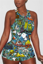 InkGreen Fashion Cartoon Printed Vest Shorts Set