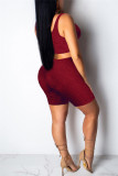 Burgundy Casual Sportswear Solid Vests U Neck Sleeveless Two Pieces