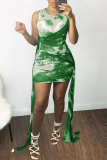 Green Fashion Sexy Print Tie Dye Draw String Frenulum O Neck Vest Dress