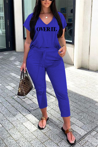 Royal blue Fashion Letter Printed T-shirt Trouser Set