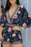 White Sexy Print Patchwork V Neck Loose Rompers