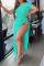 Sky Blue Fashion Sexy Plus Size Solid Hollowed Out Slit O Neck Short Sleeve Dress