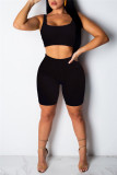 Black Casual Sportswear Solid Vests U Neck Sleeveless Two Pieces