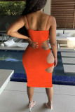 Orange Fashion Sexy Solid Hollowed Out Backless Spaghetti Strap Pencil Dresses