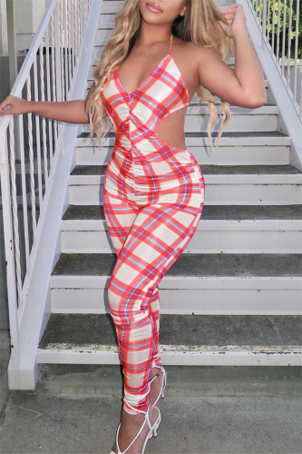 Red Fashion Sexy Plaid Print Backless Strap Design V Neck Skinny Jumpsuits