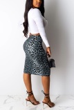 Red Sexy Two Piece Suits Leopard Print Patchwork Hip skirt Long Sleeve