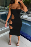 Black Fashion Sexy Solid Hollowed Out Backless Spaghetti Strap Pencil Dresses