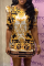 Gold Sexy Print High Opening O Neck Pencil Skirt Dresses