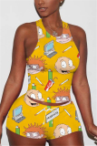 Yellow Fashion Cartoon Printed Vest Shorts Set