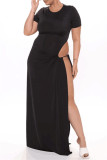 Black Fashion Sexy Plus Size Solid Hollowed Out Slit O Neck Short Sleeve Dress