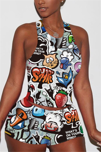 Black Fashion Cartoon Printed Vest Shorts Set